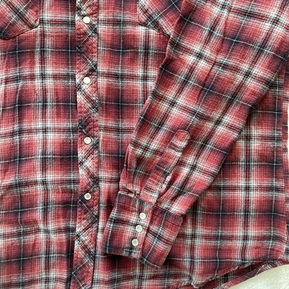 90s Vintage Wrangler Wrancher Mens XL Shirt Red Plaid Flannel Western Pearl Snap